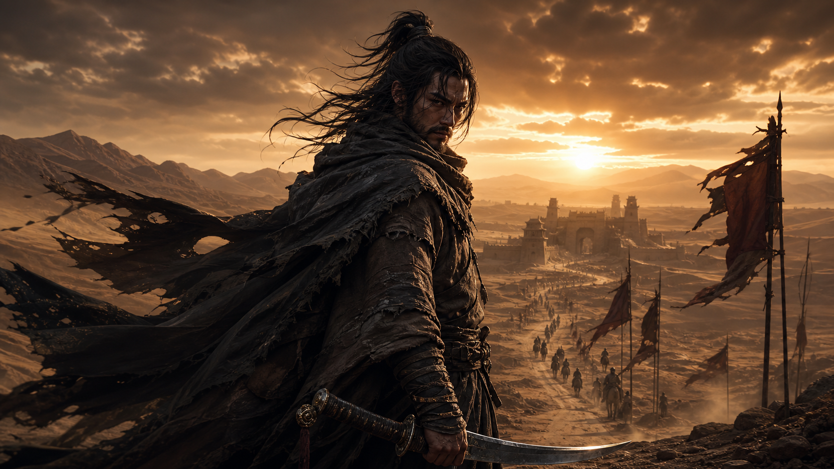 Arte oficial de Blades of Guardians com protagonista em destaque, atmosfera sombria, composição cinematográfica e identidade visual premium.