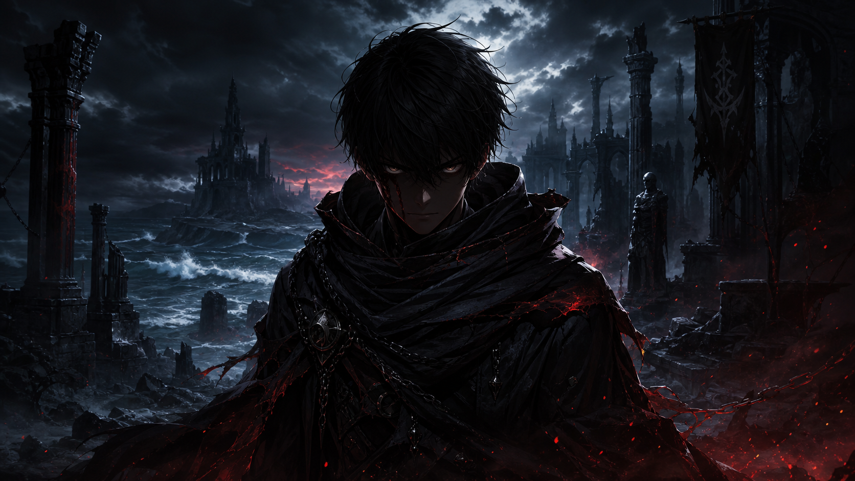 Arte oficial de Centuria com foco no protagonista, atmosfera escura, contraste forte e tipografia premium.