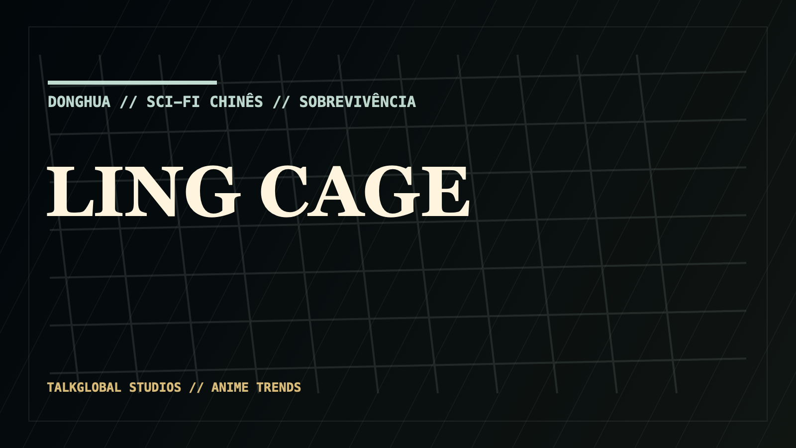 Composição editorial fiel de Ling Cage com grades industriais, clima pós-apocalíptico e estética sci-fi chinesa, sem personagens inventados.