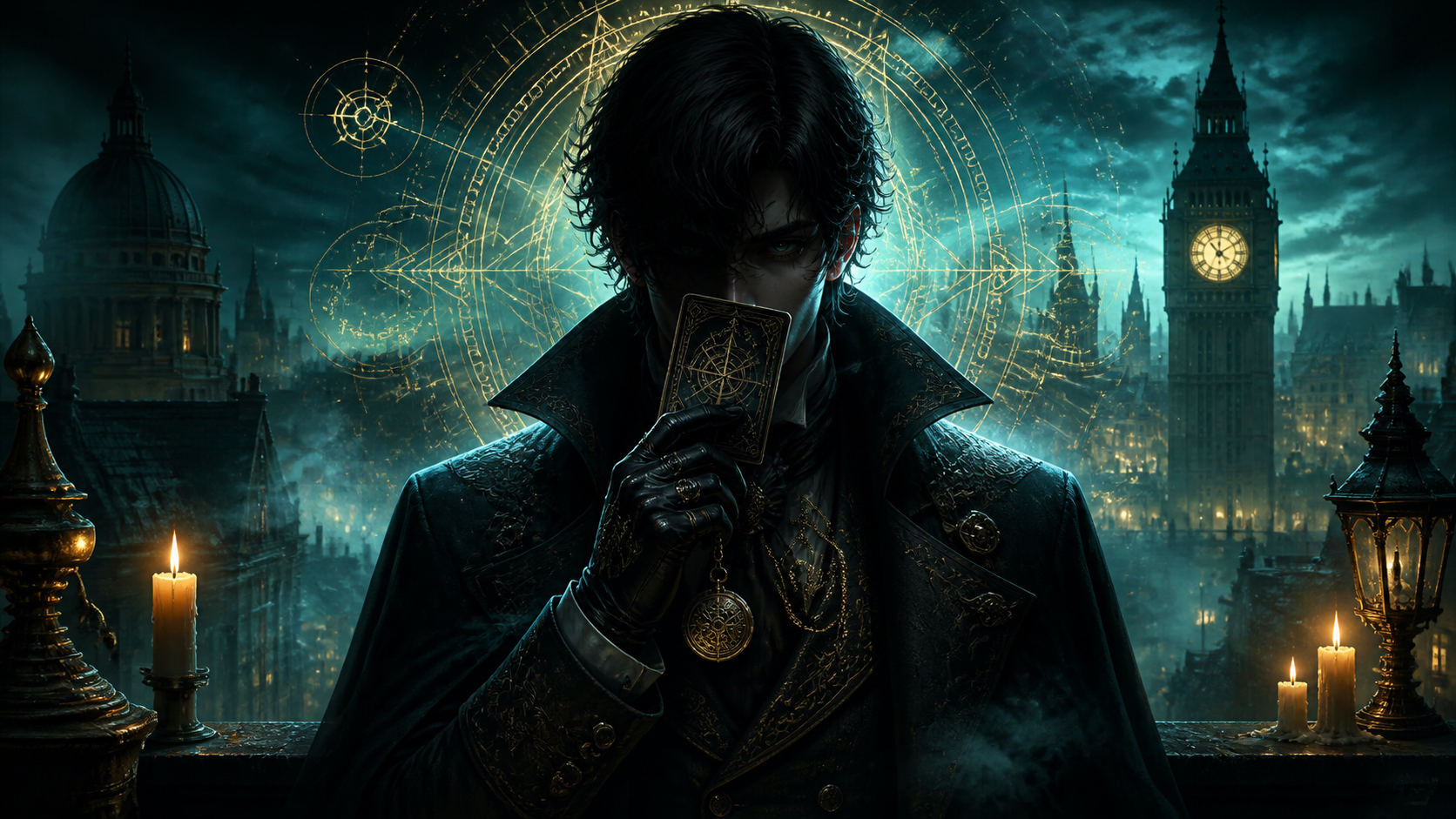 Arte oficial de Lord of Mysteries com atmosfera misteriosa, tons escuros, símbolos antigos e composição premium.