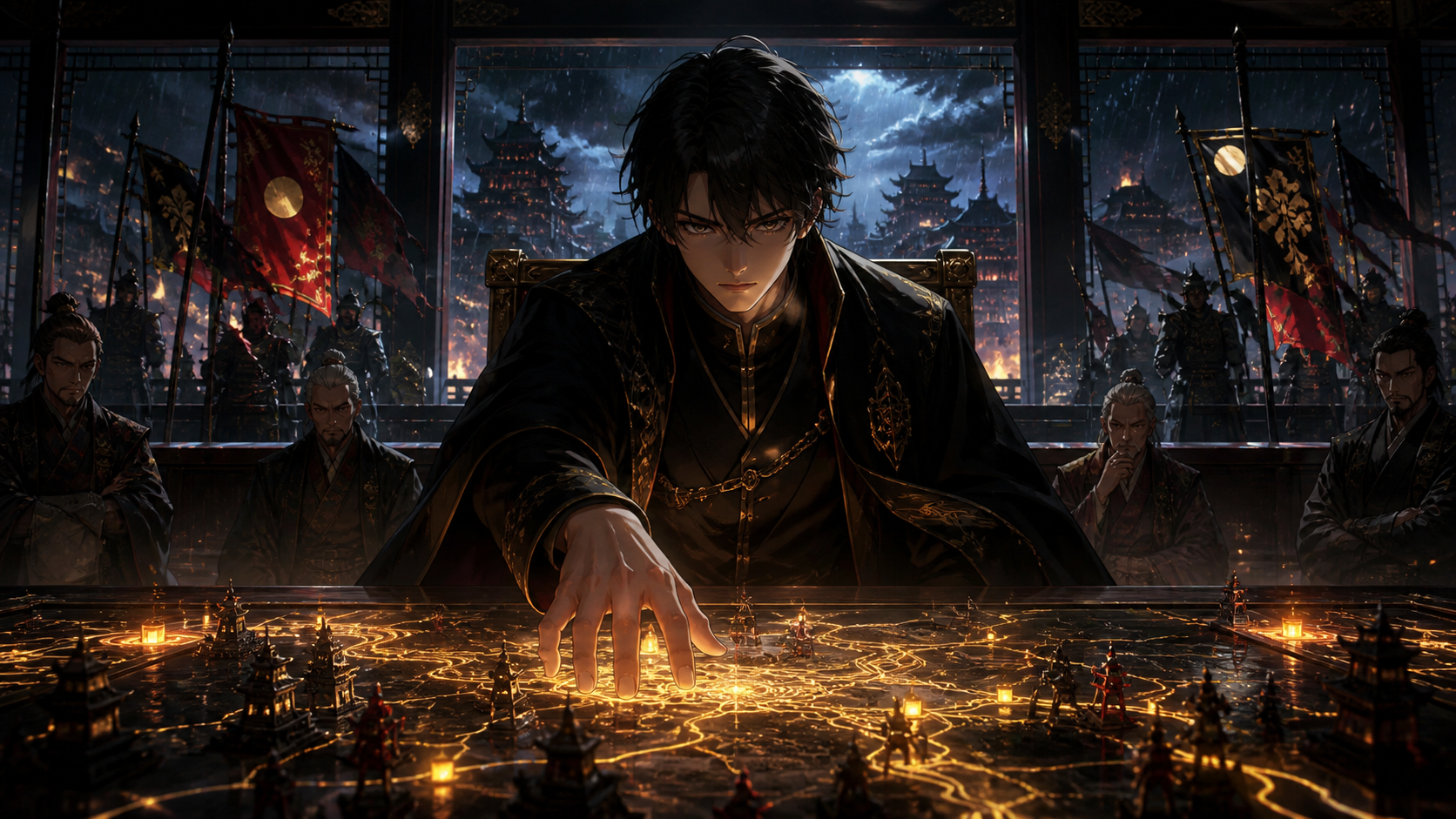 Arte oficial de Nippon Sangoku com atmosfera política, tons escuros, composição estratégica e visual premium.