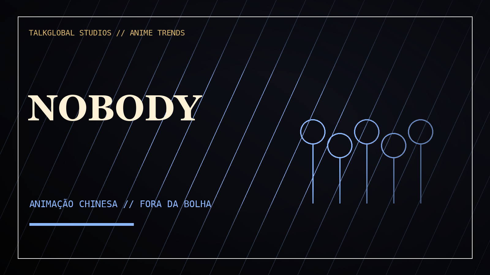 Composição editorial fiel de Nobody com estética de animação chinesa, anonimato urbano e composição escura, sem personagem inventado.