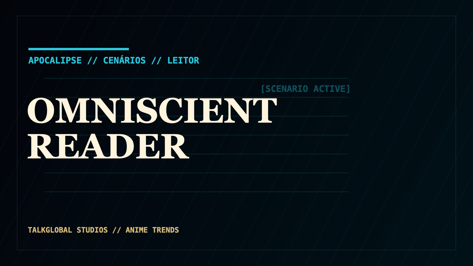 Composição editorial fiel de Omniscient Reader com interface de cenário apocalíptico e texto de sistema, sem personagens inventados.