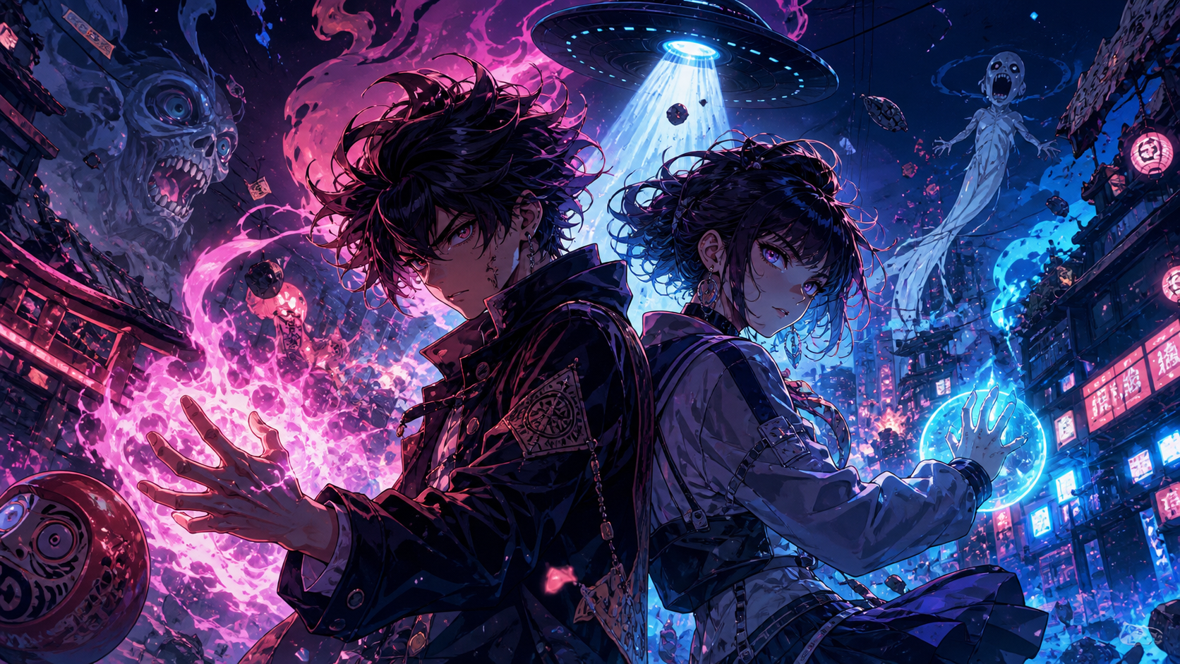 Arte oficial de Dandadan com composição caótica, visual intenso e atmosfera energética.