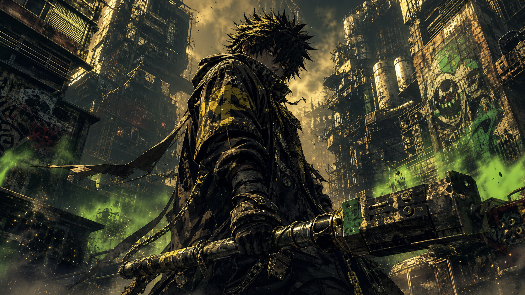 Arte oficial de Gachiakuta com visual urbano, contraste forte, atmosfera caótica e protagonista em destaque.