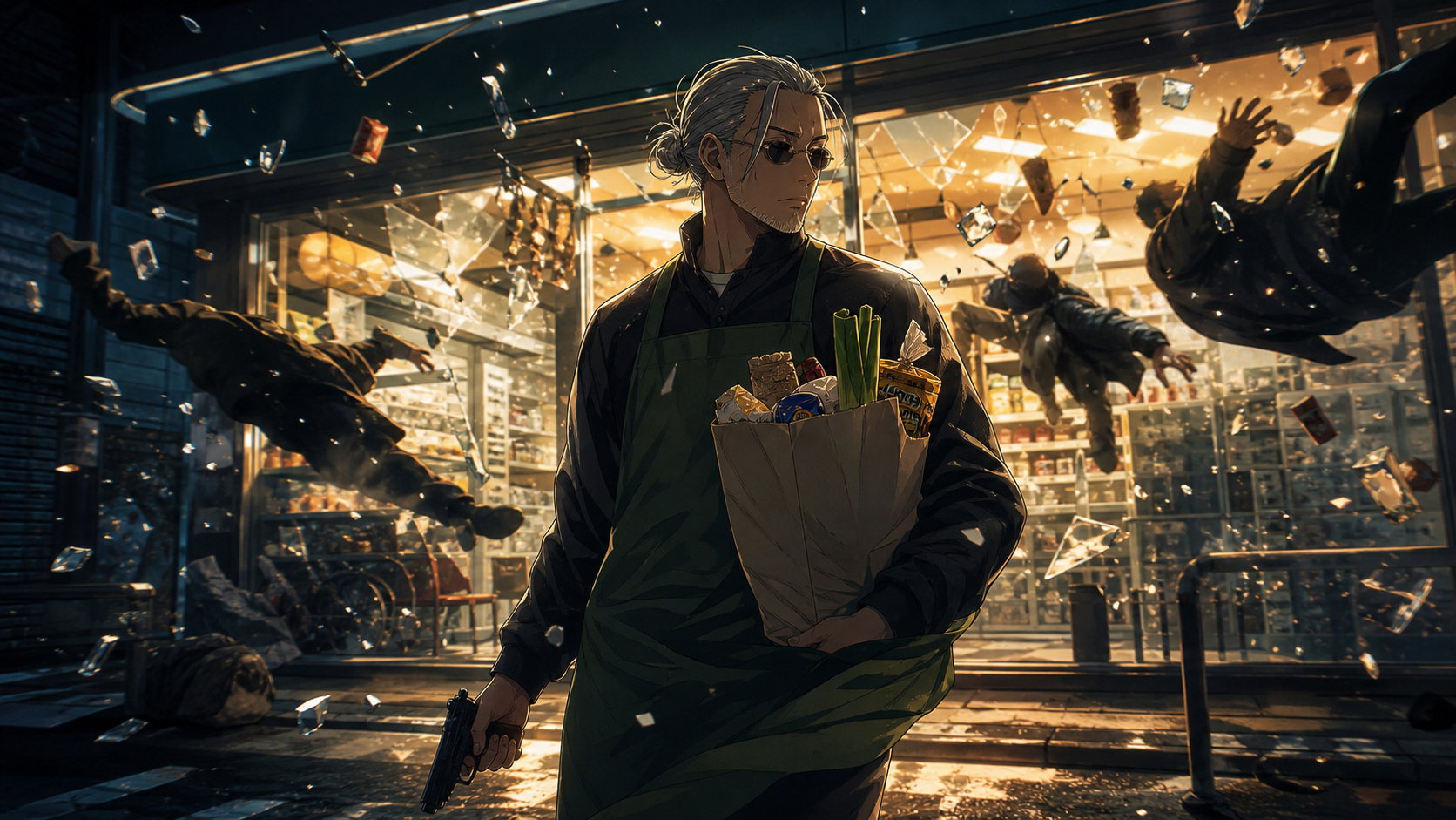 Arte oficial de Sakamoto Days com protagonista em destaque, composição dinâmica e atmosfera estilosa.