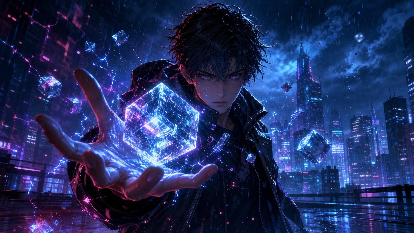Arte oficial de Super Cube com protagonista em destaque, energia futurista e atmosfera intensa.
