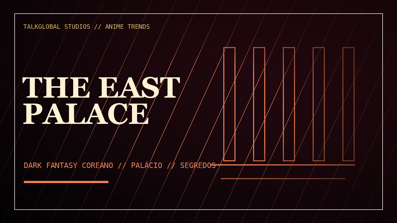 Composição editorial fiel de The East Palace com símbolos palacianos, fantasia coreana sombria e composição premium, sem personagem inventado.