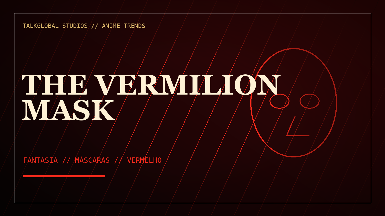 Composição editorial fiel de The Vermilion Mask com máscaras, fantasia sombria e paleta vermelha, sem personagem inventado.