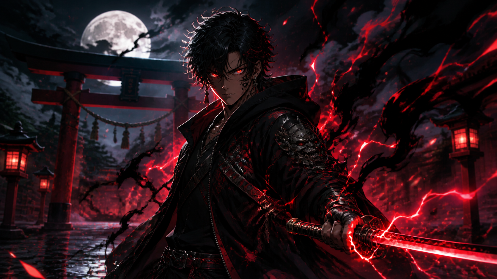 Arte oficial de Tougen Anki com contraste escuro, energia vermelha e composição agressiva.