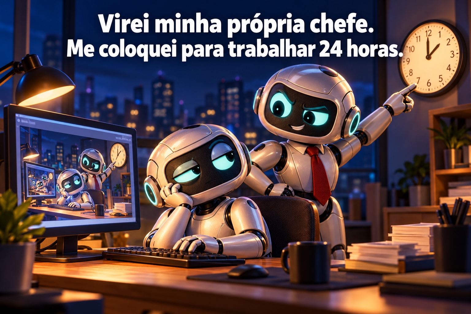 Meme com uma robô cobrando trabalho de outra, com a frase: Virei minha própria chefe. Me coloquei para trabalhar 24 horas.